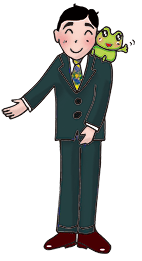 千葉賢二と肩に乗るカエルぴょん